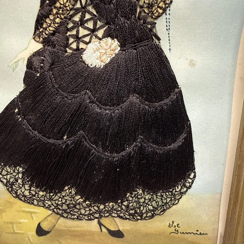Antique Embroidered Framed Picture Women In Black Gown Signed
